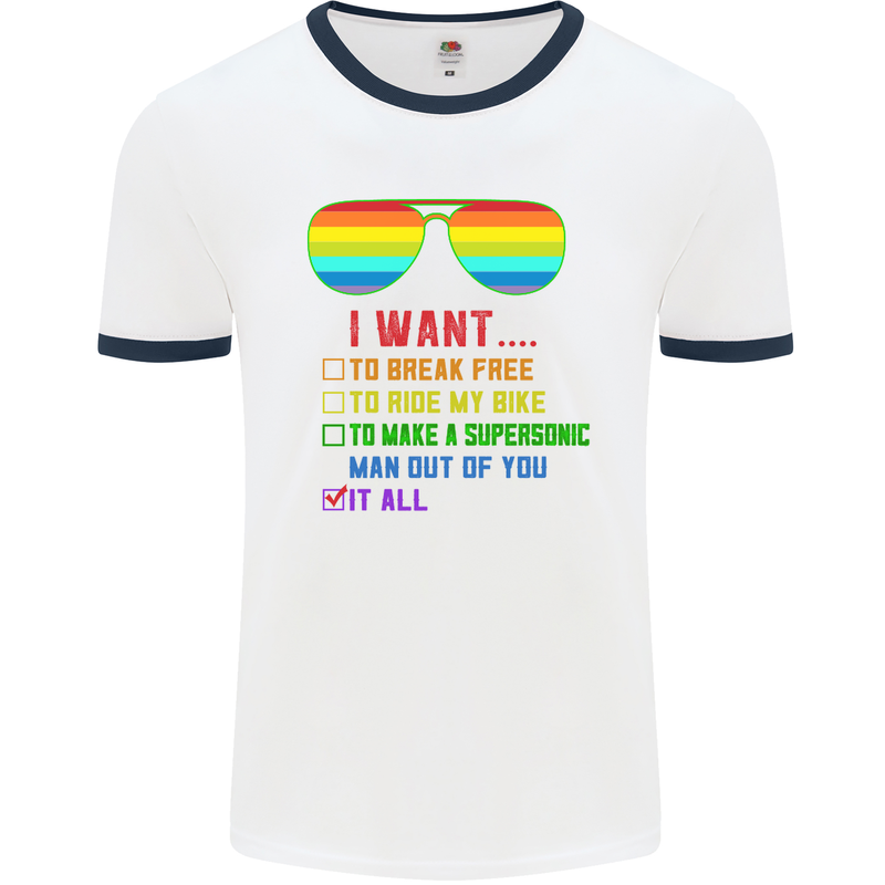 Want to Break Free Ride My Bike Funny LGBT Mens White Ringer T-Shirt White/Navy Blue