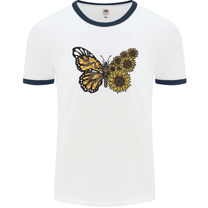 A Sunflower Butterfly Mens White Ringer T-Shirt White/Navy Blue