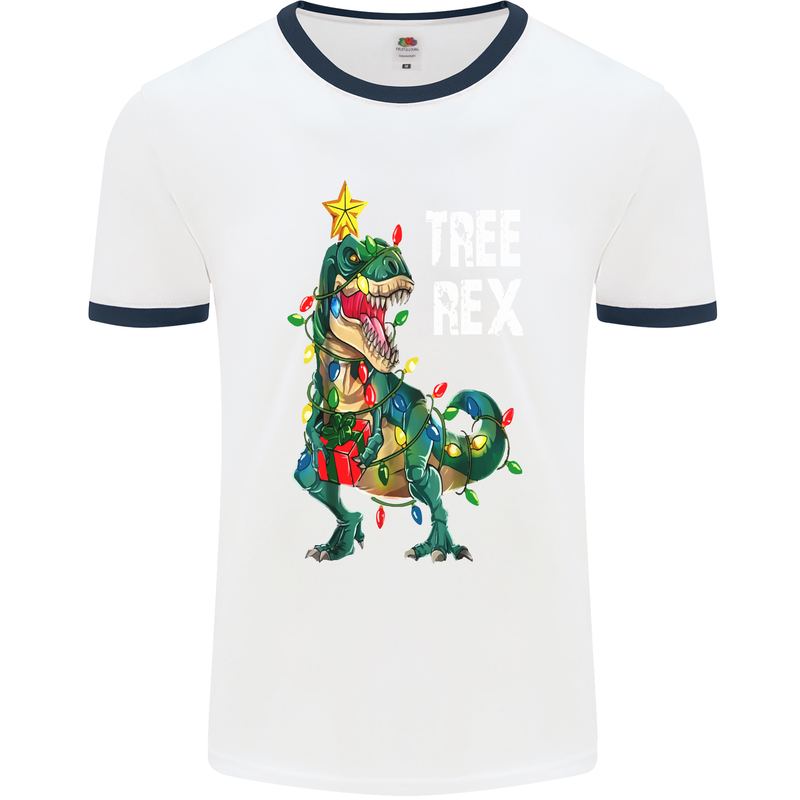 Tree Rex T-Rex Funny Christmas Dinosaur Mens White Ringer T-Shirt White/Navy Blue