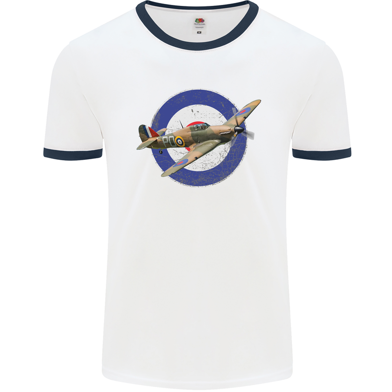 Hawker Hurricane With RAF Ensign Mens White Ringer T-Shirt White/Navy Blue