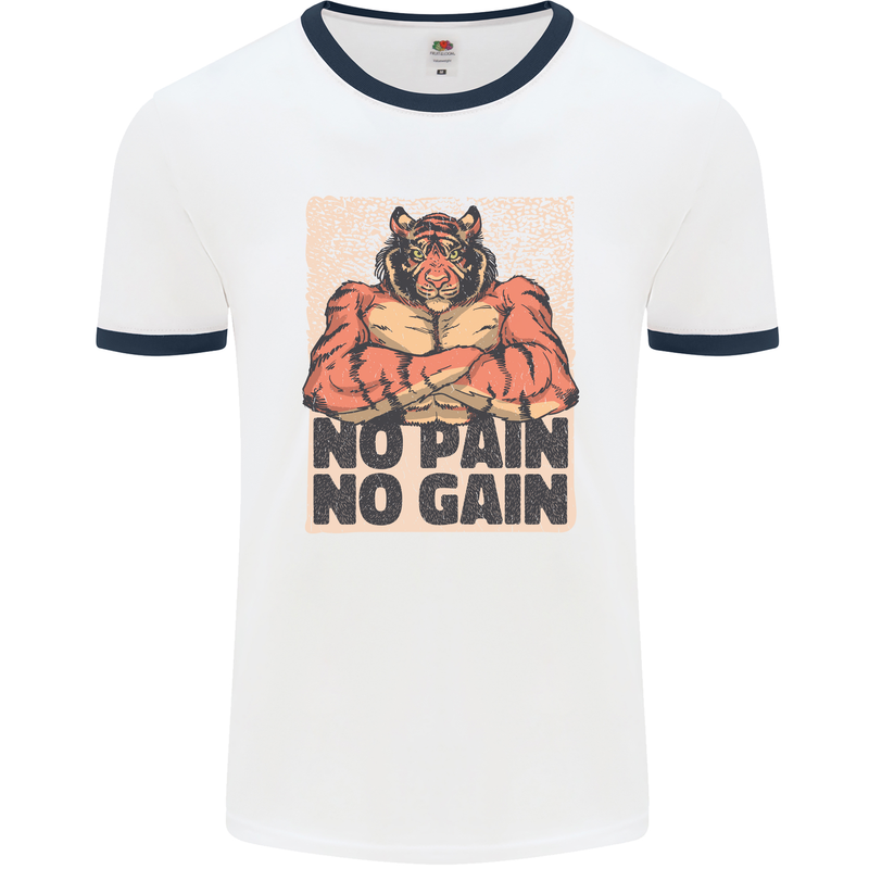 Gym Tiger No Pain No Gain Training Top Mens White Ringer T-Shirt White/Navy Blue