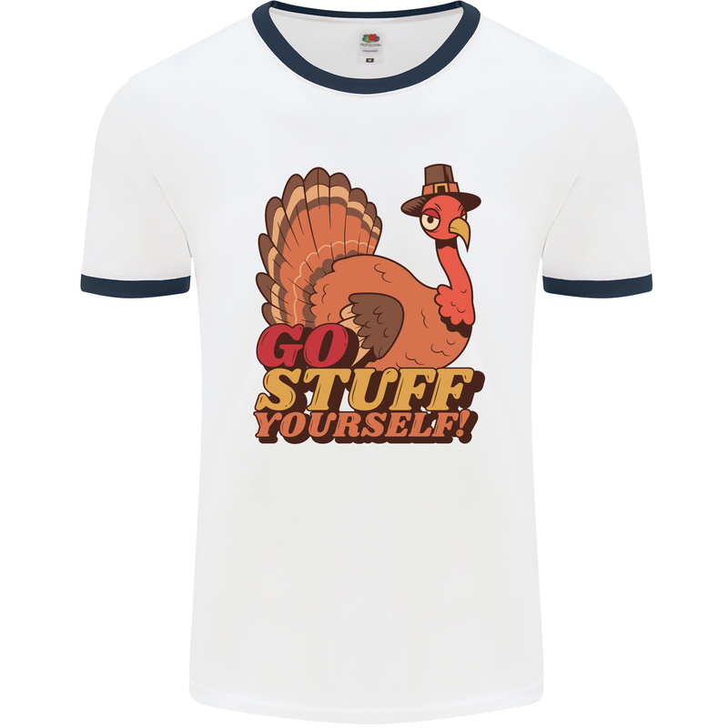 Stuff Yourself Funny Vegetarian Vegan Turkey Mens White Ringer T-Shirt White/Navy Blue