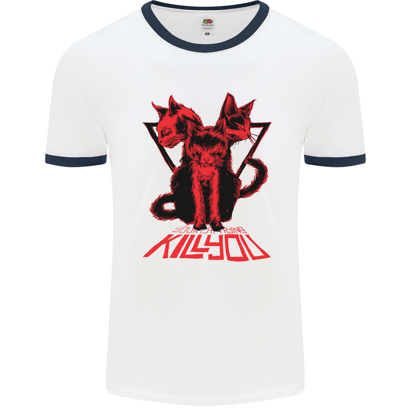 Demonic Cats Halloween Horror Witch Demons Mens White Ringer T-Shirt White/Navy Blue