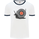 Slug Decks with Vinyl LP DJ DJing Turntable Mens White Ringer T-Shirt White/Navy Blue