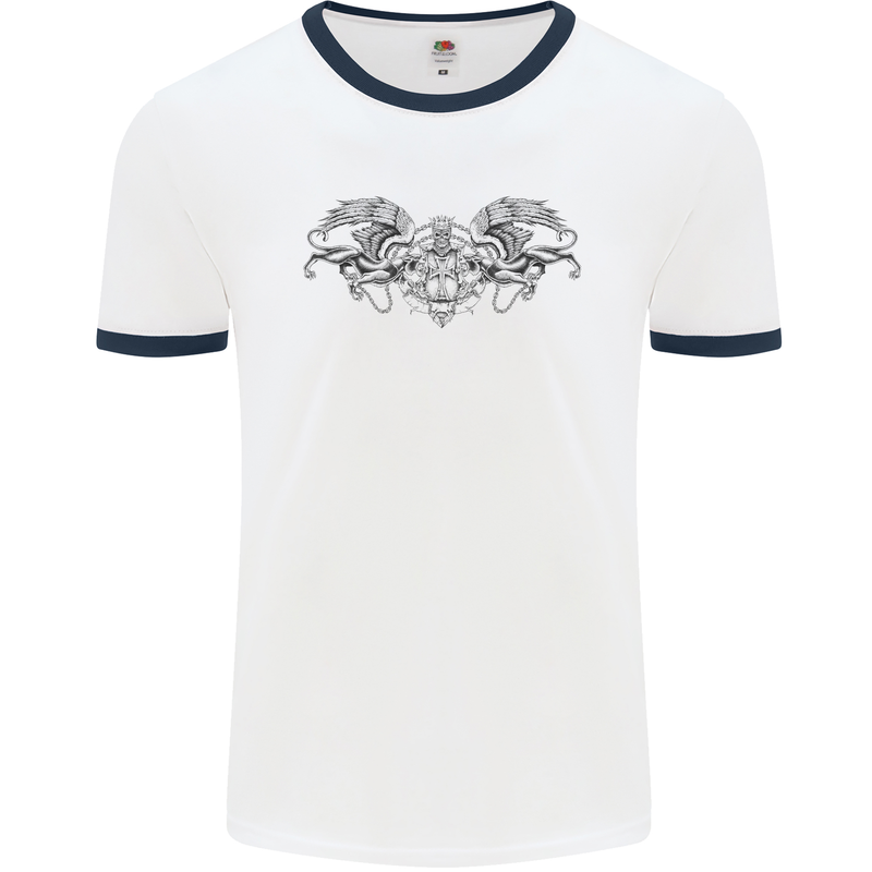 St Georges Day Roman Skull Wings Panther Mens White Ringer T-Shirt White/Navy Blue