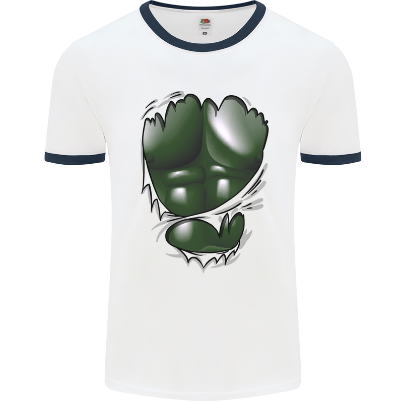 Gym Green Torso Ripped Muscles Effect Mens White Ringer T-Shirt White/Navy Blue