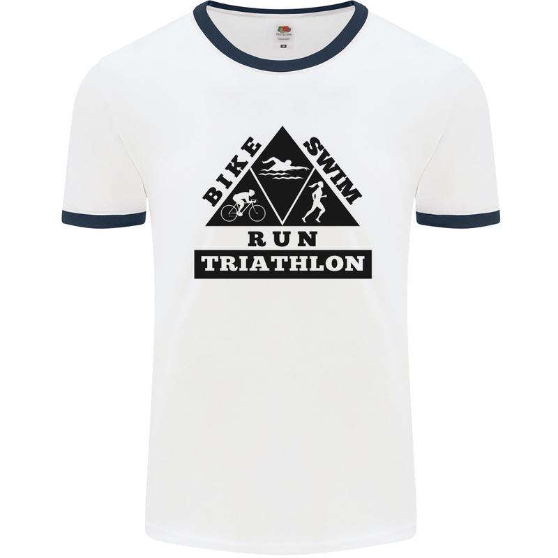 Triathlon Triangle Running Swimming Cycling Mens White Ringer T-Shirt White/Navy Blue