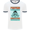 Praying and Meditation Space Universe Yoga Mens White Ringer T-Shirt White/Navy Blue