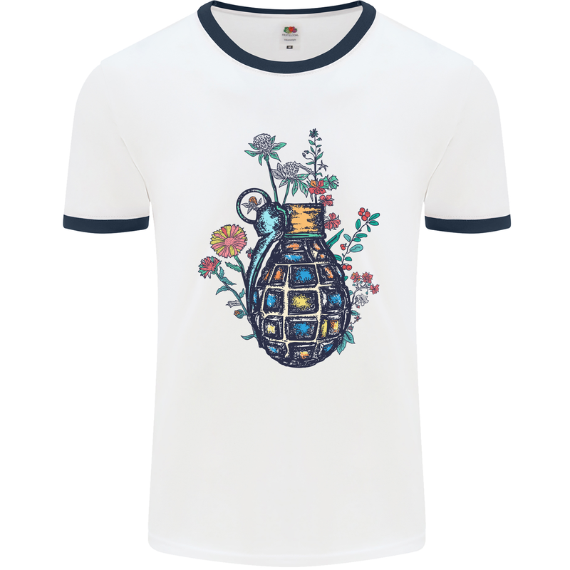 Peace Grenade Anti-War Pacifist World Hippy Mens White Ringer T-Shirt White/Navy Blue