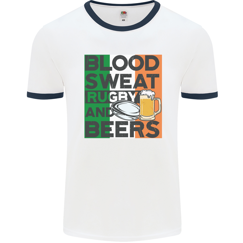 Blood Sweat Rugby and Beers Ireland Funny Mens White Ringer T-Shirt White/Navy Blue