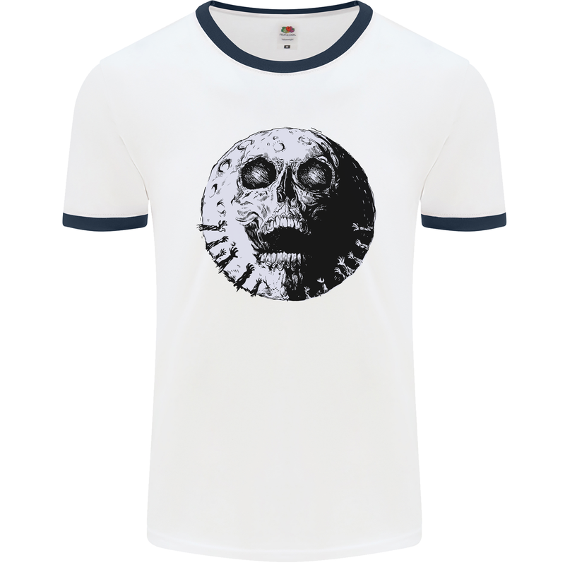 Skull Moon Gothic Halloween Zombie Biker Mens White Ringer T-Shirt White/Navy Blue