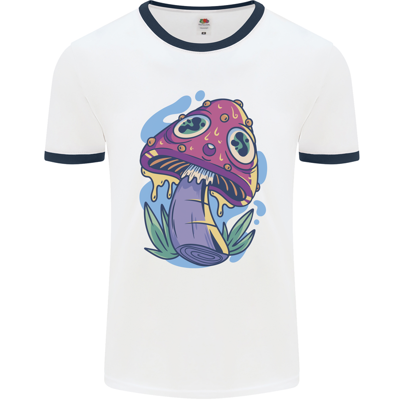 Trippy Magic Mushroom LSD Mens Ringer T-Shirt White/Navy Blue