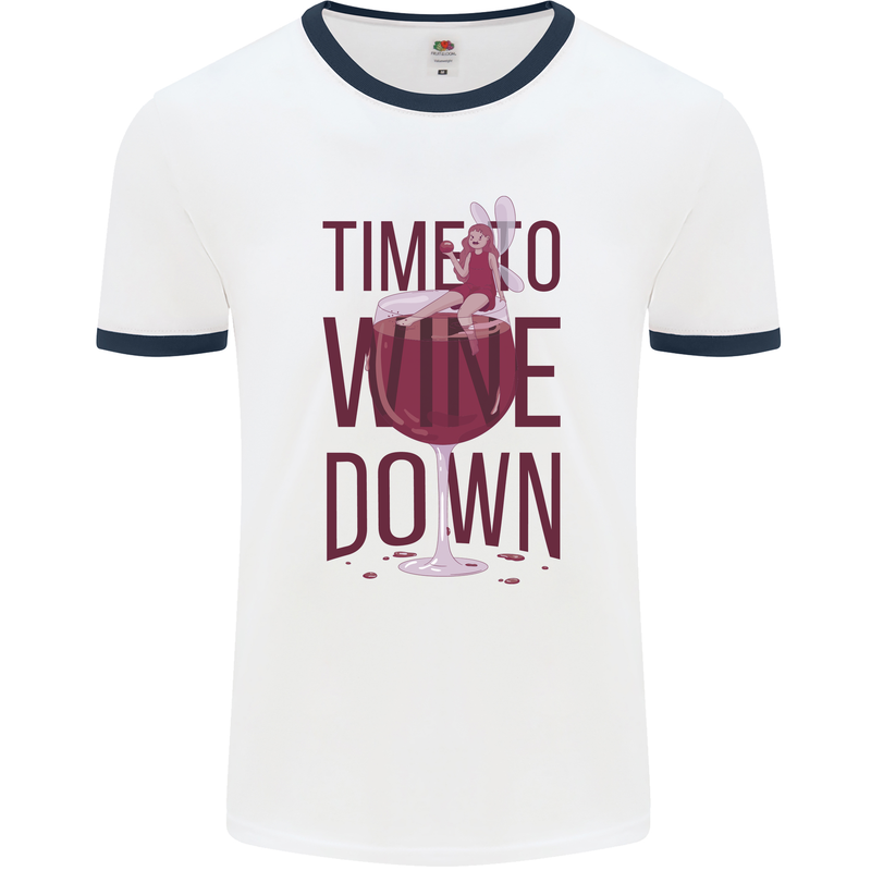 Time to Wine Down Funny Alcohol Mens Ringer T-Shirt White/Navy Blue