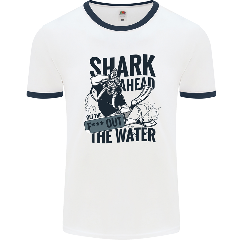 Shark Ahead Funny Scuba Diving Diver Mens White Ringer T-Shirt White/Navy Blue