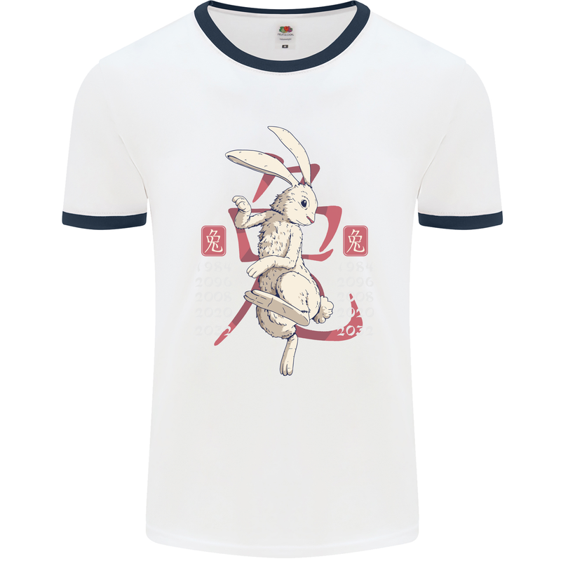 Chinese Zodiac Shengxiao Year of the Rabbit Mens White Ringer T-Shirt White/Navy Blue