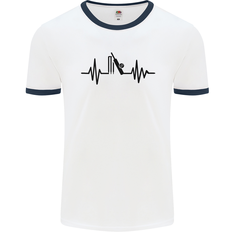 Cricket Pulse Cricketer Cricketing ECG Mens White Ringer T-Shirt White/Navy Blue