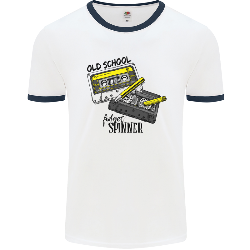 Retro 80s Music Cassette Old School Spinner Mens White Ringer T-Shirt White/Navy Blue