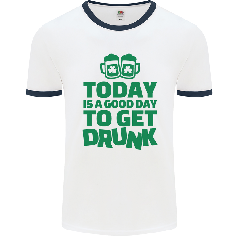 Good Day to Get Drunk St. Patrick's Day Mens White Ringer T-Shirt White/Navy Blue