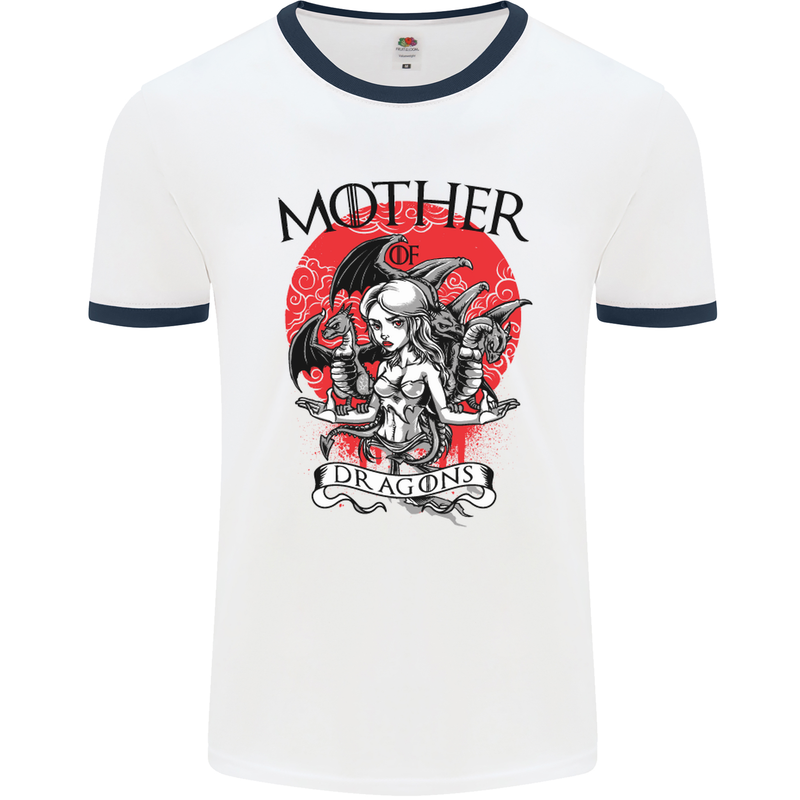 Mother of Dragons GOT Mens White Ringer T-Shirt White/Navy Blue