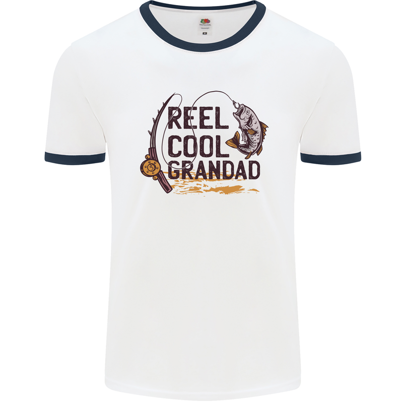 Reel Cool Grandad Funny Fishing Fisherman Mens White Ringer T-Shirt White/Navy Blue