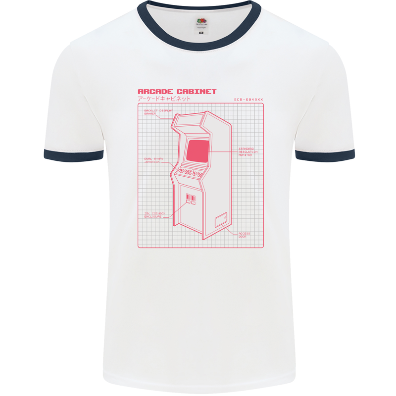 Retro Arcade Game Cabinet Gaming Gamer Mens White Ringer T-Shirt White/Navy Blue