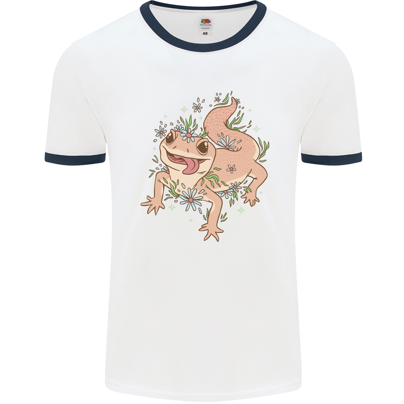 Gekko With Flowers Lizards Mens White Ringer T-Shirt White/Navy Blue