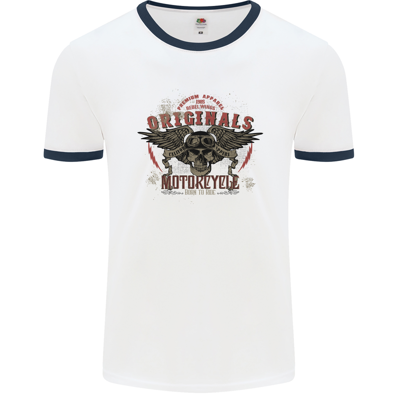 Rebel Wings Motorcycle Originals Mens White Ringer T-Shirt White/Navy Blue