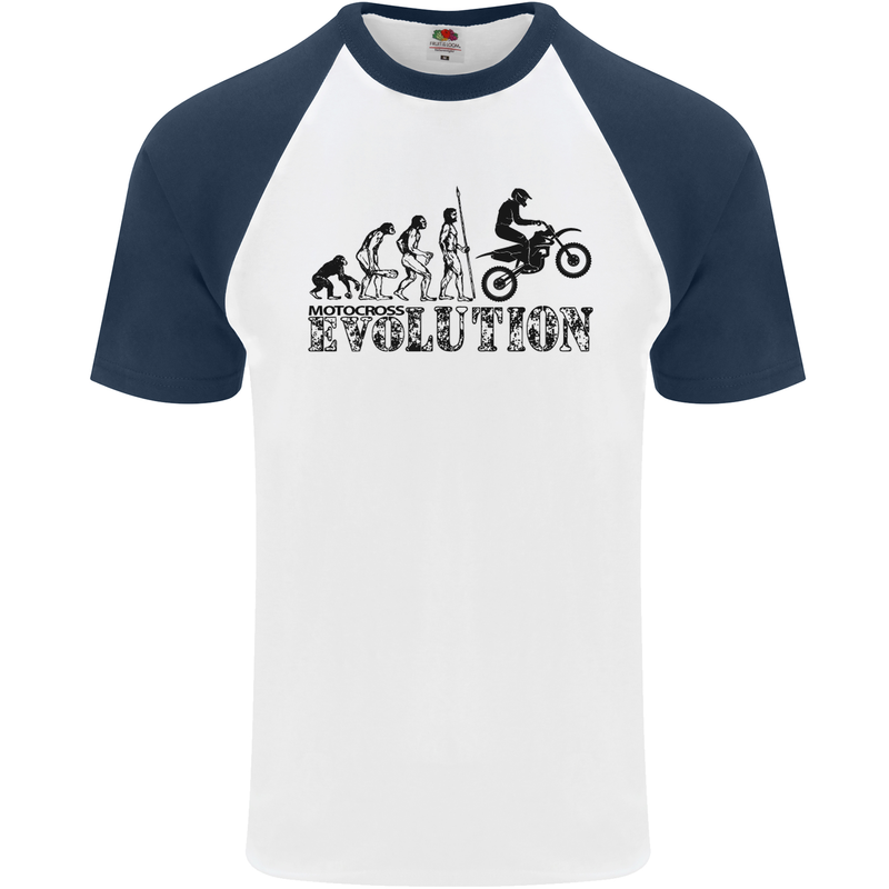 Evolution of Motorcycle Motorbike Biker Mens S/S Baseball T-Shirt White/Navy Blue