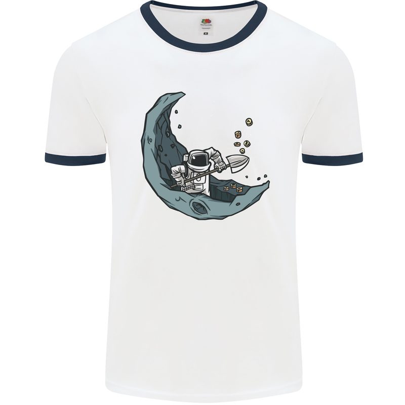 Cryptocurrency Mining the Moon Mens White Ringer T-Shirt White/Navy Blue