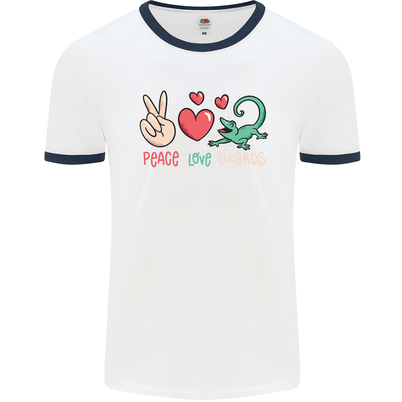 Peace Love Lizards Funny Gekko Iguana Mens White Ringer T-Shirt White/Navy Blue