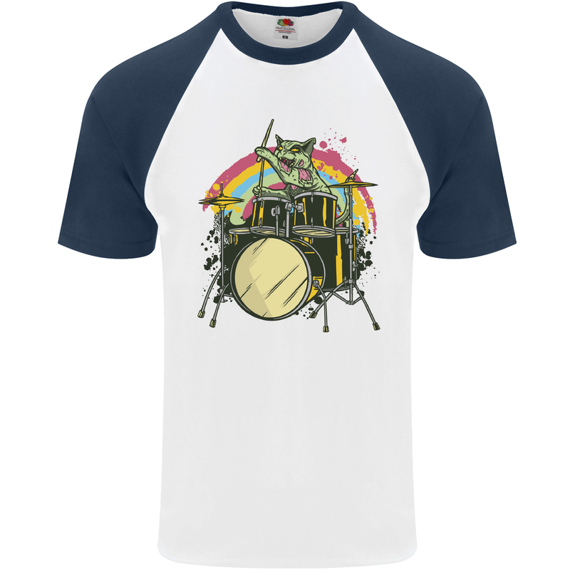 Zombie Cat Drummer Mens S/S Baseball T-Shirt White/Navy Blue