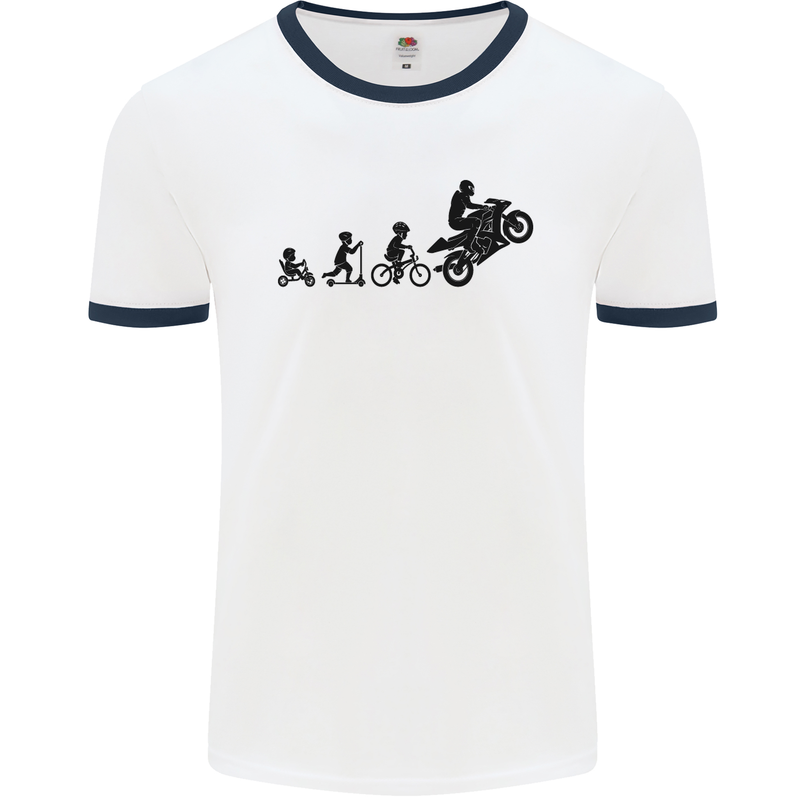 Motorbike Evolution Funny Biker Motorcycle Mens White Ringer T-Shirt White/Navy Blue