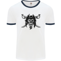 Pirate & Swords Skull Captain Jolly Roger Mens White Ringer T-Shirt White/Navy Blue