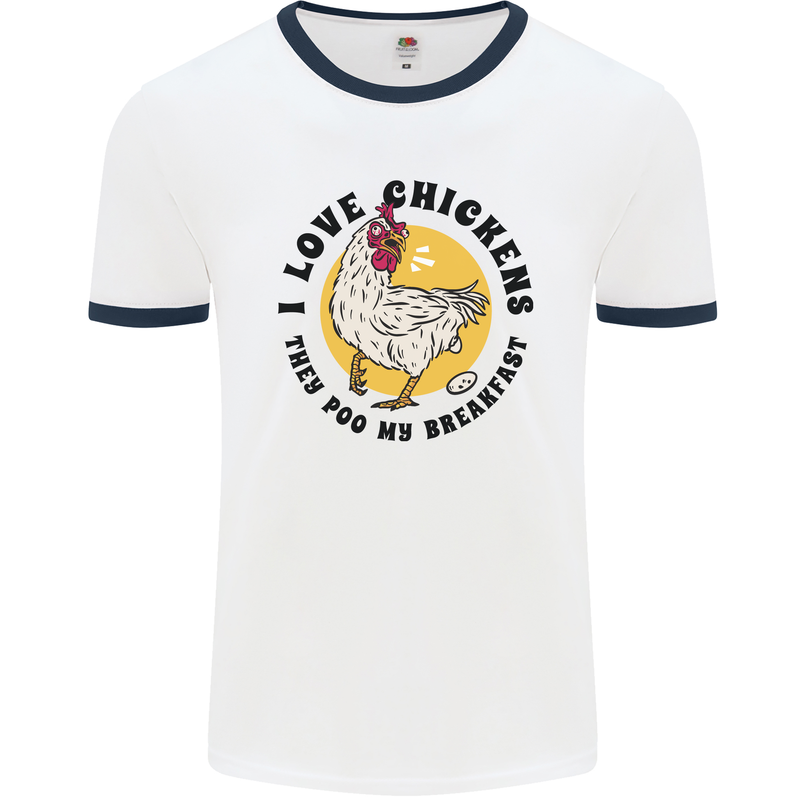 Chickens Poo My Breakfast Funny Food Eggs Mens White Ringer T-Shirt White/Navy Blue