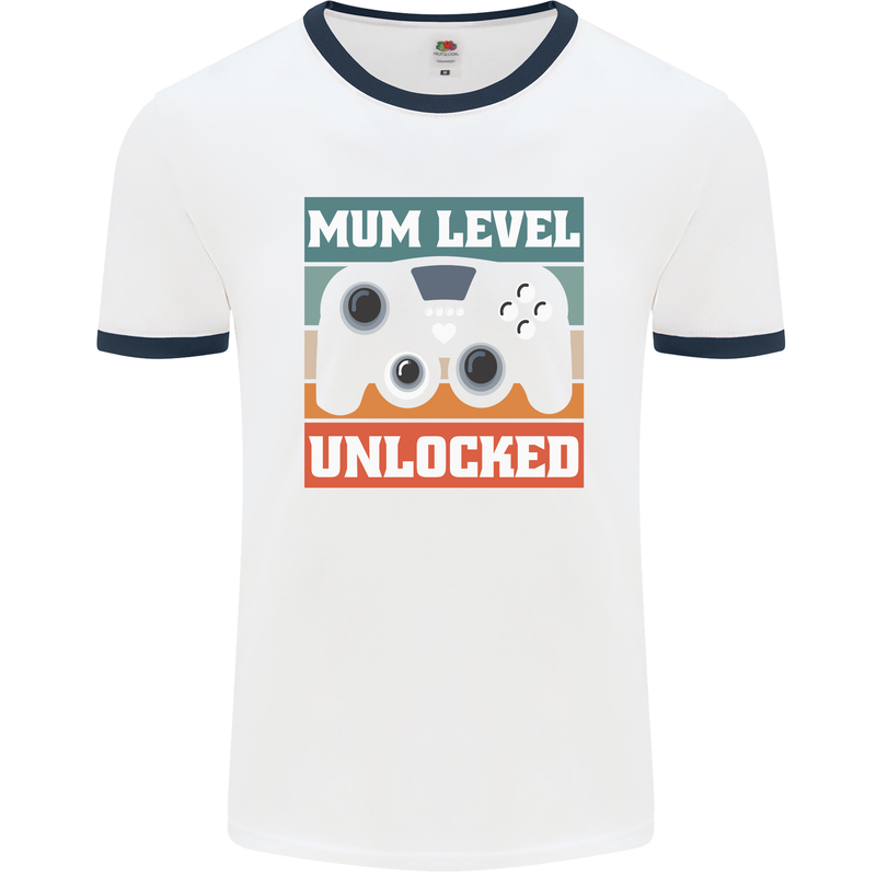 Mum Level Unlocked New Mommy Baby Born Mens White Ringer T-Shirt White/Navy Blue