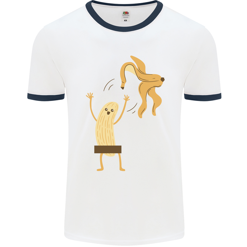 Get Naked Censored Banana Funny Mens White Ringer T-Shirt White/Navy Blue