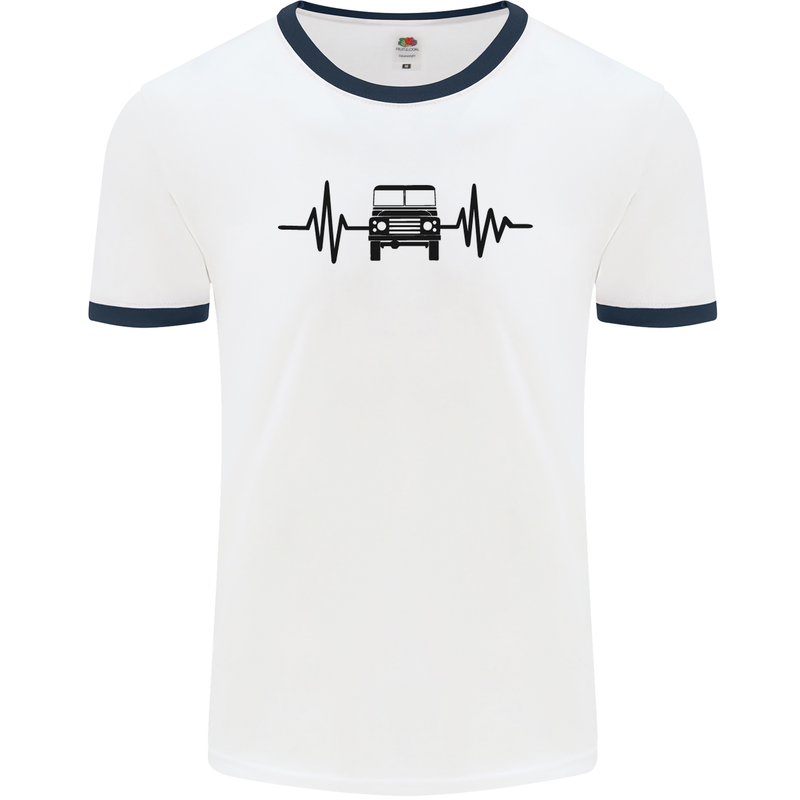 4X4 Heart Beat Pulse Off Road Roading Mens White Ringer T-Shirt White/Navy Blue