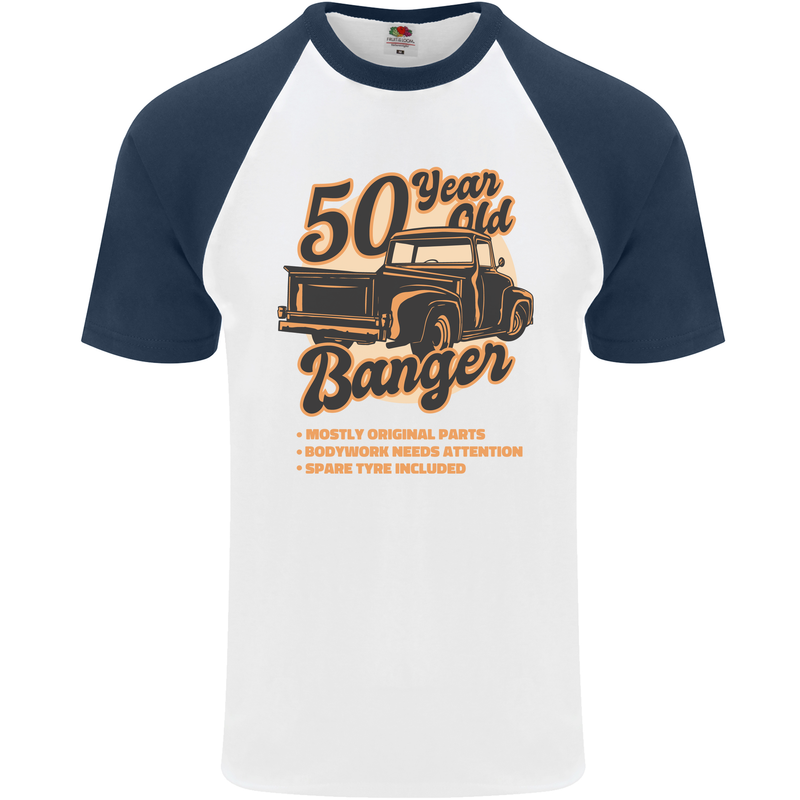 50 Year Old Banger Birthday 50th Year Old Mens S/S Baseball T-Shirt White/Navy Blue