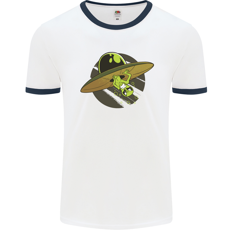 A Funny Alien Stuck in a UFO Flying Saucer Mens White Ringer T-Shirt White/Navy Blue