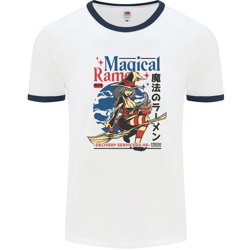 Magical Ramen Noodles Witch Halloween Mens White Ringer T-Shirt White/Navy Blue