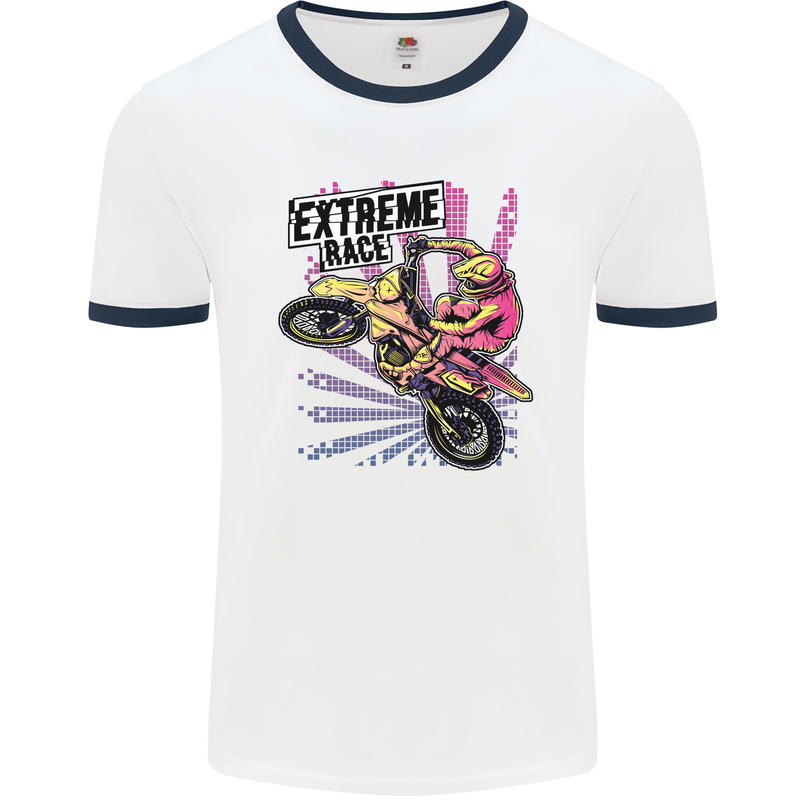 Extreme Race Motocross Dirt Bike Motorbike Mens White Ringer T-Shirt White/Navy Blue