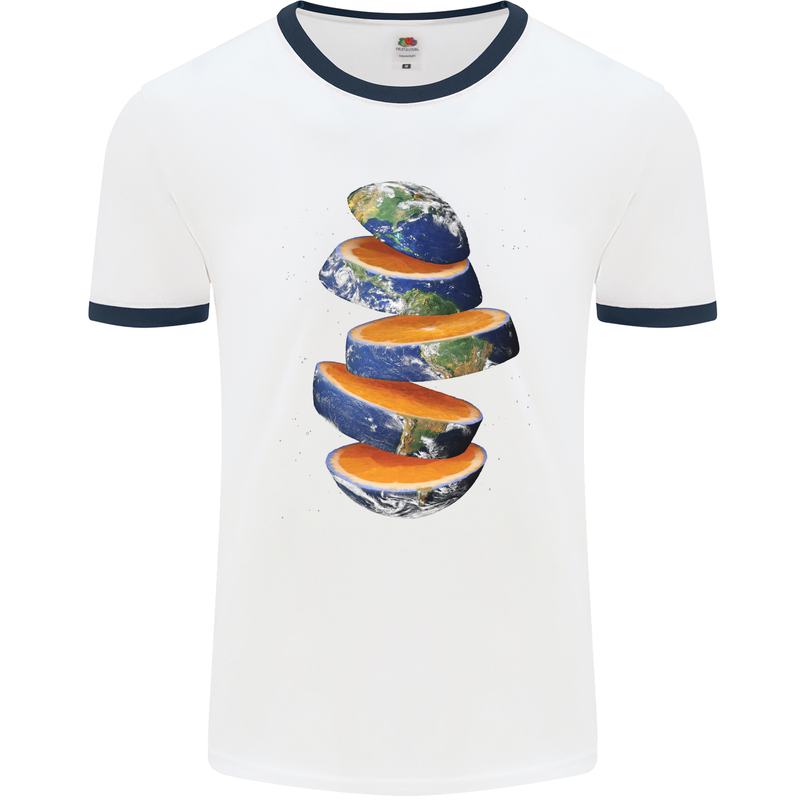Our Orange Planet Earth Mens White Ringer T-Shirt White/Navy Blue