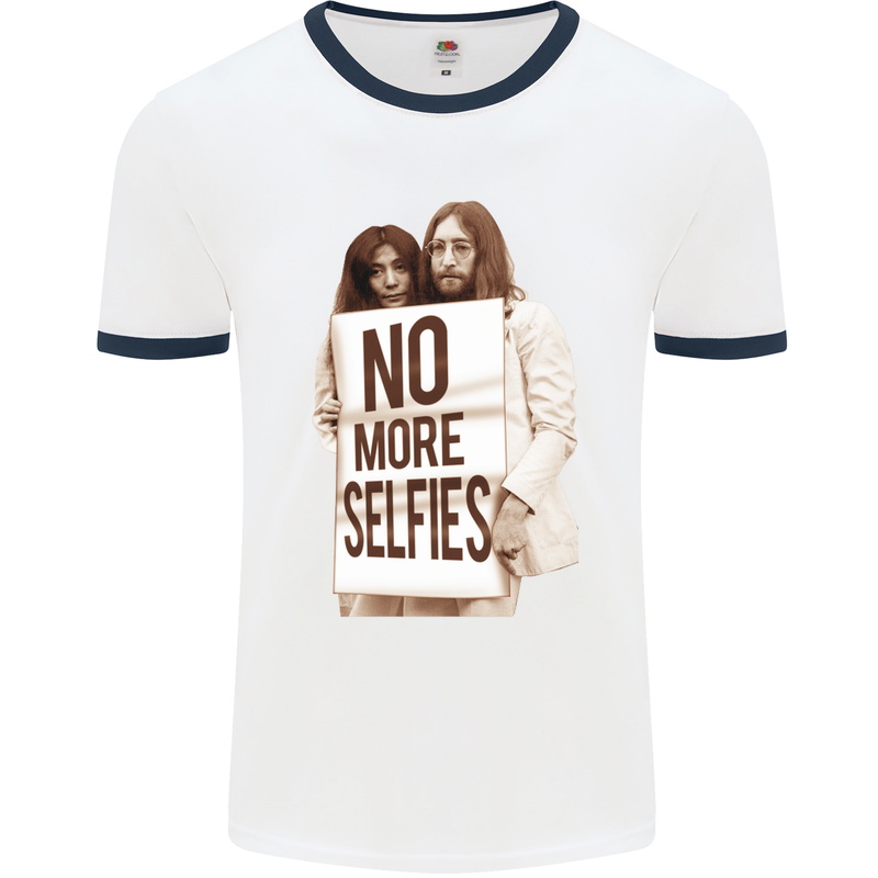 No More Selfies Funny Camer Photography Mens White Ringer T-Shirt White/Navy Blue