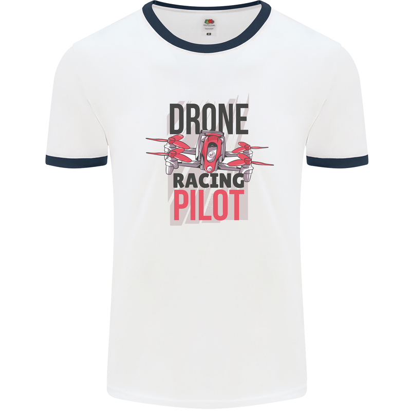 Drone Racing Pilot Mens Ringer T-Shirt White/Navy Blue