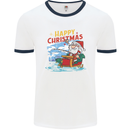 Santa Clause Fishing Funny Christmas Mens White Ringer T-Shirt White/Navy Blue