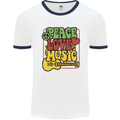 Peace Love Music Guitar Hippy Flower Power Mens Ringer T-Shirt White/Navy Blue