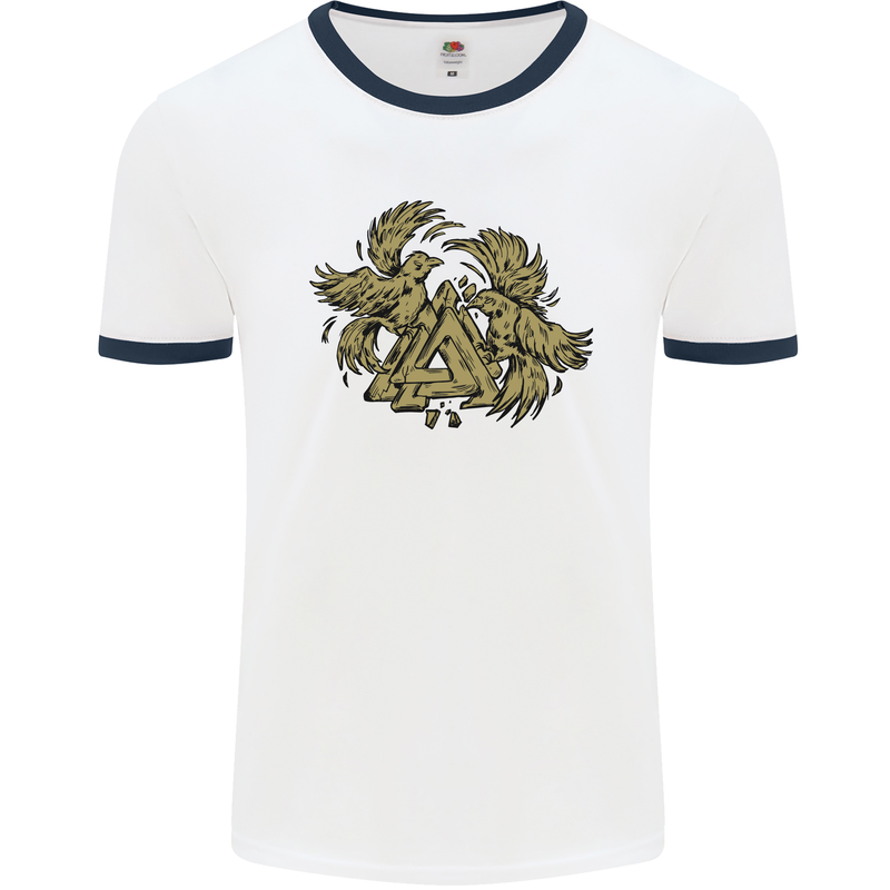 Valknut Symbol With Ravens Vikings Mens White Ringer T-Shirt White/Navy Blue