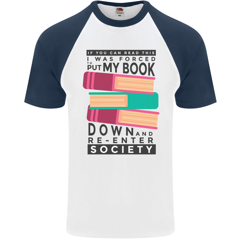 Book Reading Re-Enter Society Funny Mens S/S Baseball T-Shirt White/Navy Blue