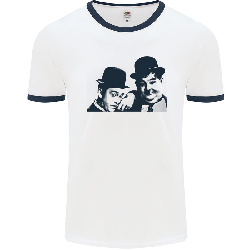 Laurel & Hardy AKA Dick and Doof Mens White Ringer T-Shirt White/Navy Blue