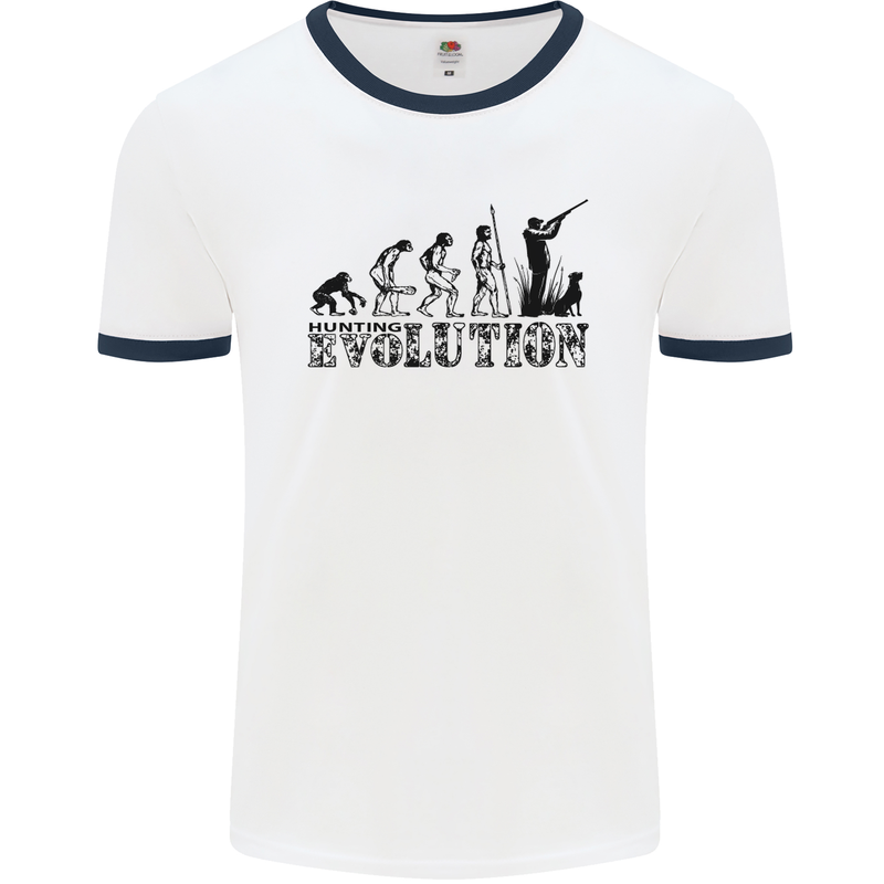 Evolution of a Hunter Funny Hunting Hunt Mens White Ringer T-Shirt White/Navy Blue